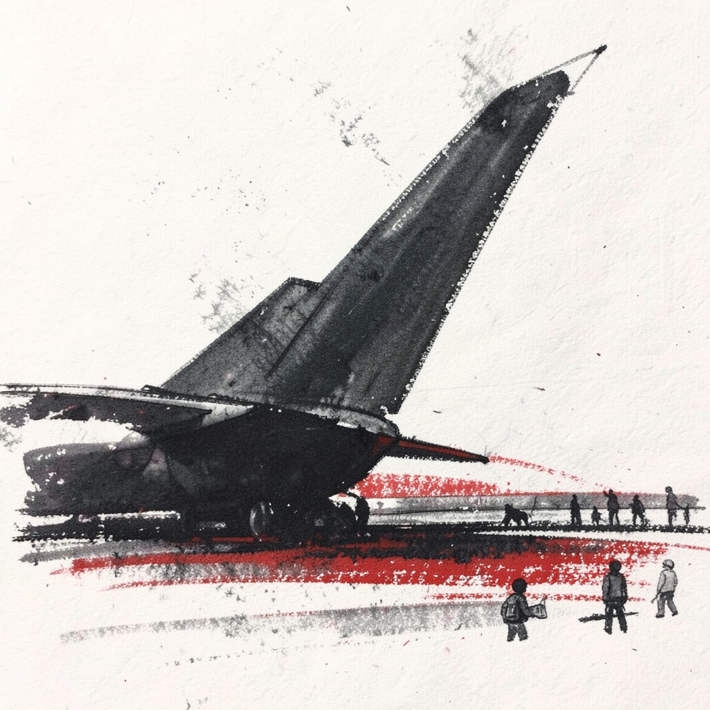 Bold charcoal sketch of an aircraft tail rising above a runway horizon, with a small group of figures below, in dark slate and muted red on a light background.